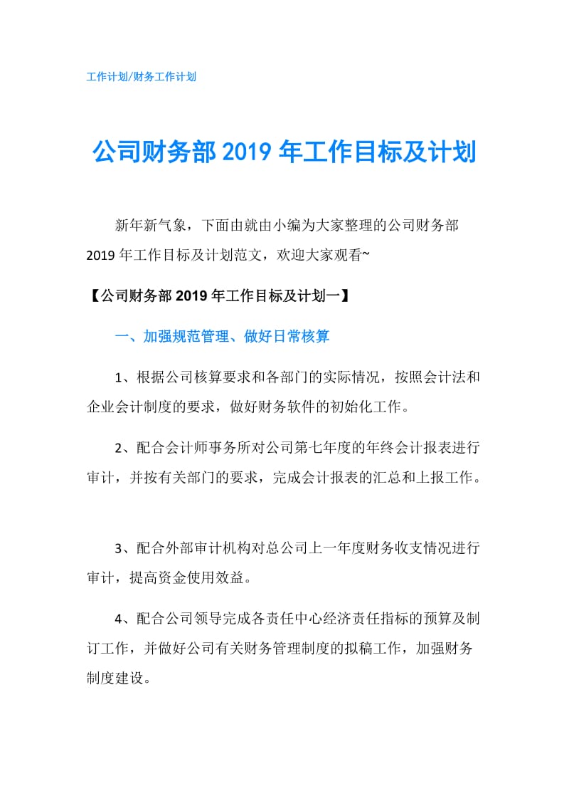 公司财务部2019年工作目标及计划.doc_第1页