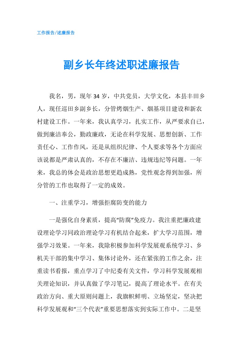 副乡长年终述职述廉报告.doc_第1页