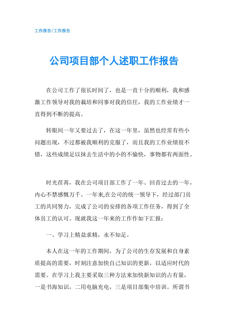 公司项目部个人述职工作报告.doc_第1页