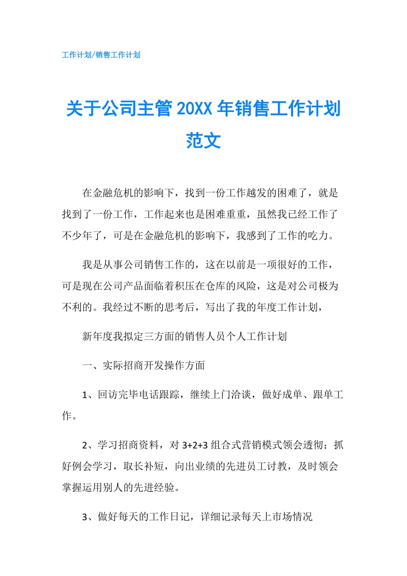 关于公司主管20XX年销售工作计划范文.doc_第1页