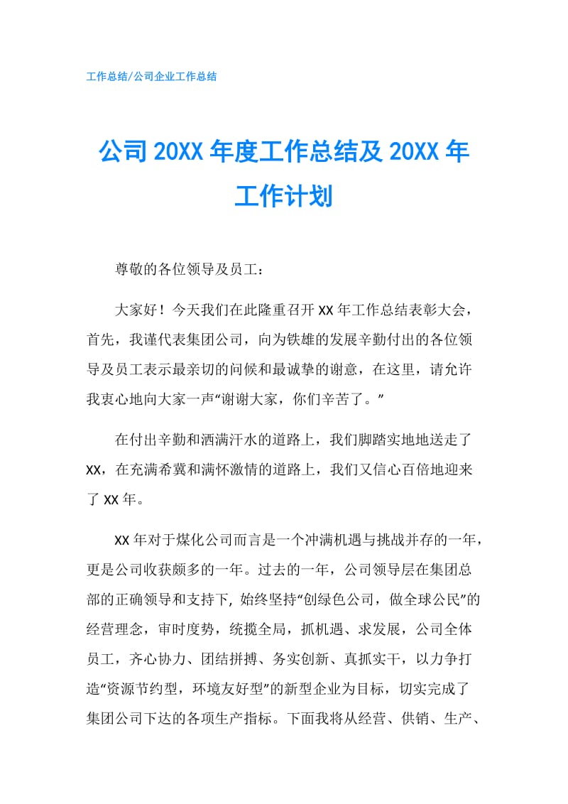 公司20XX年度工作总结及20XX年工作计划.doc_第1页