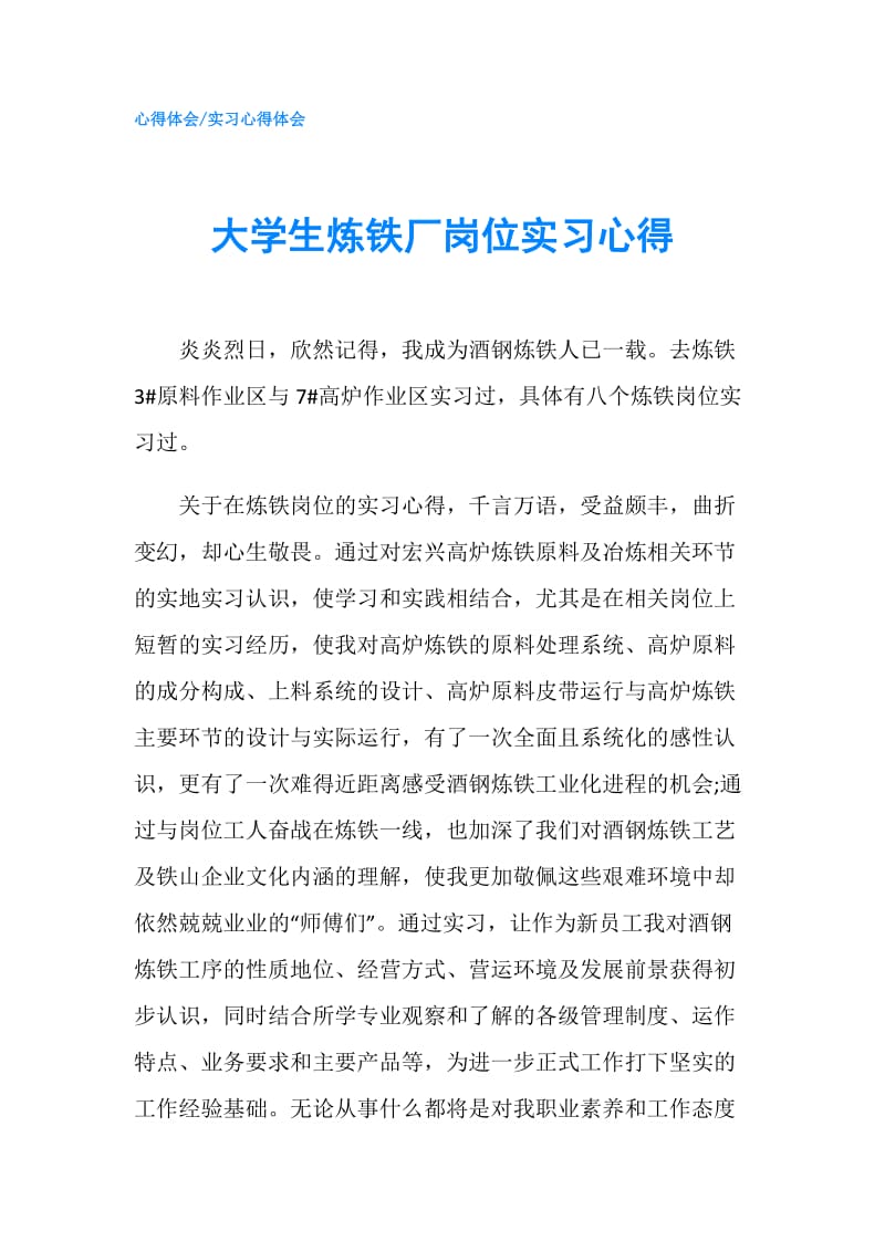 大学生炼铁厂岗位实习心得.doc_第1页