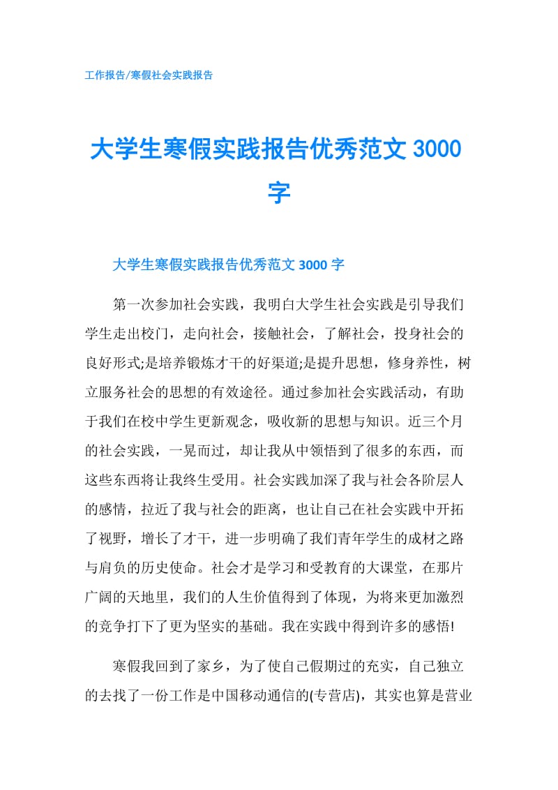 大学生寒假实践报告优秀范文3000字.doc_第1页