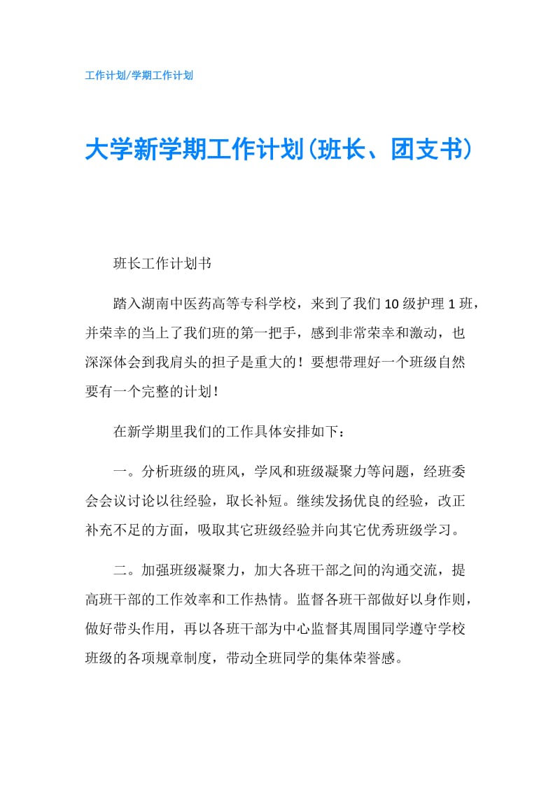 大学新学期工作计划(班长、团支书).doc_第1页