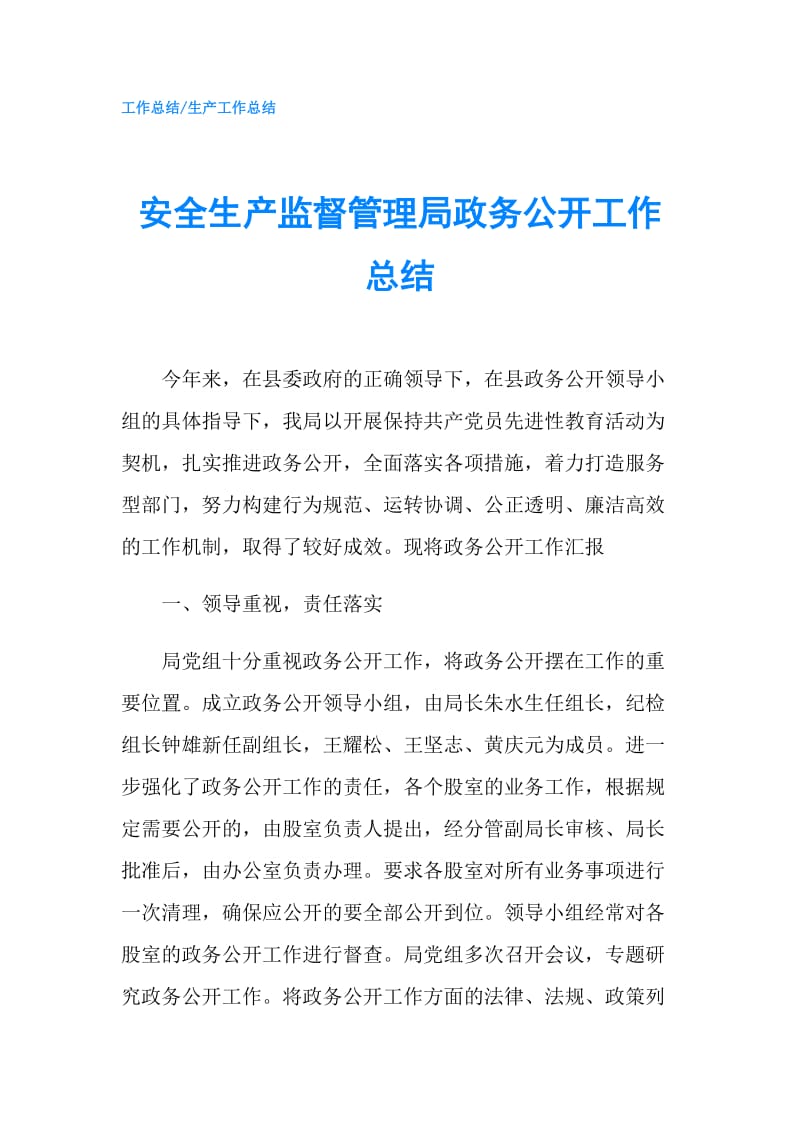 安全生产监督管理局政务公开工作总结.doc_第1页