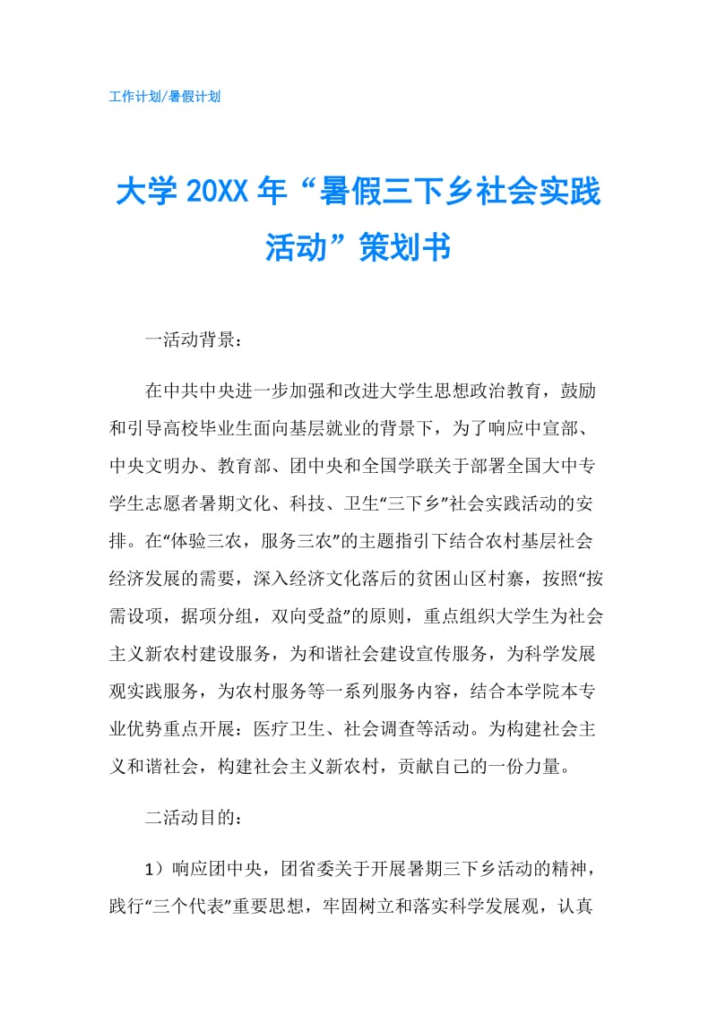 大学20XX年“暑假三下乡社会实践活动”策划书.doc_第1页