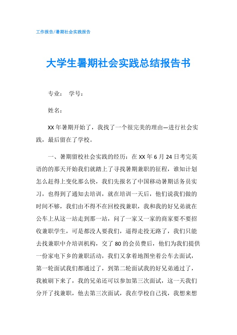 大学生暑期社会实践总结报告书.doc_第1页