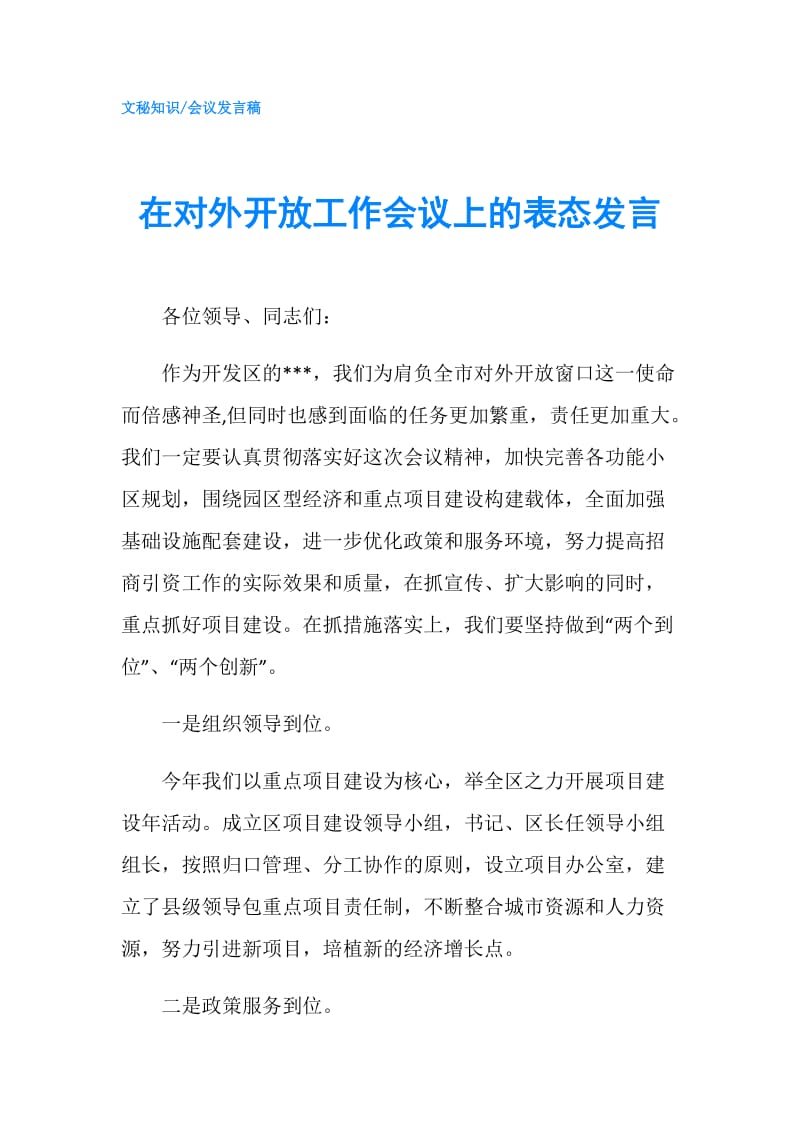 在对外开放工作会议上的表态发言.doc_第1页