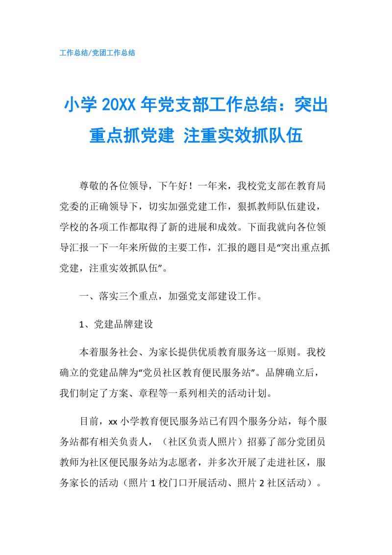 小学20XX年党支部工作总结：突出重点抓党建 注重实效抓队伍.doc_第1页