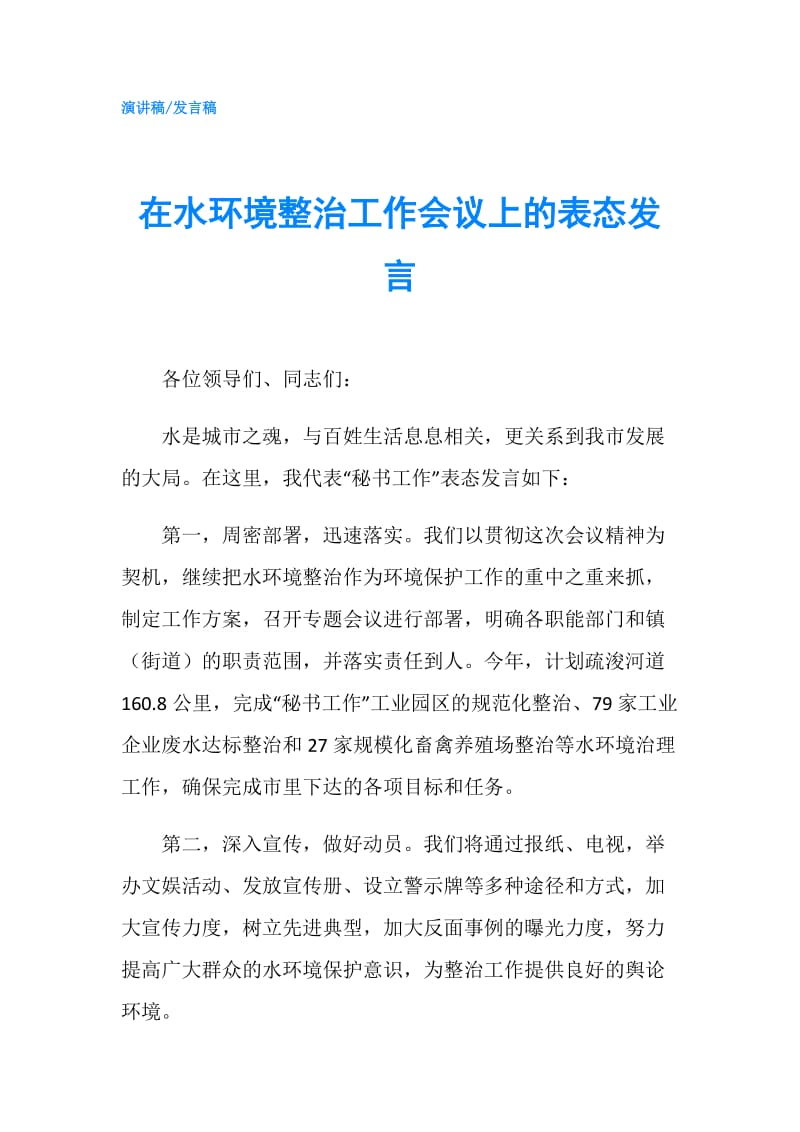 在水环境整治工作会议上的表态发言.doc_第1页