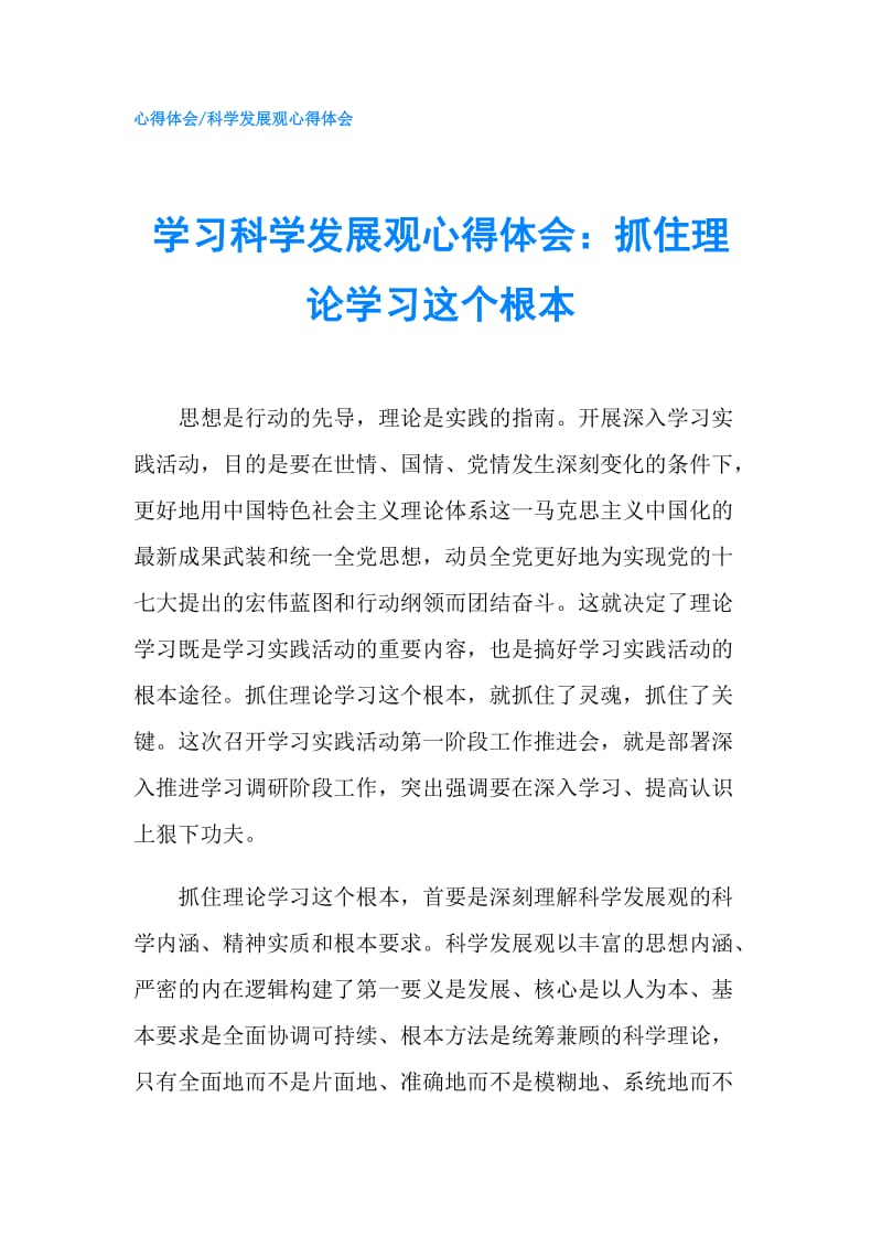 学习科学发展观心得体会：抓住理论学习这个根本.doc_第1页