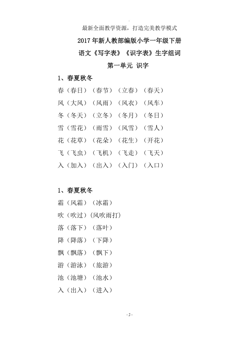 年新人教部编版小学一年级下册语文《写字表》《识字表》生字组词.doc_第2页