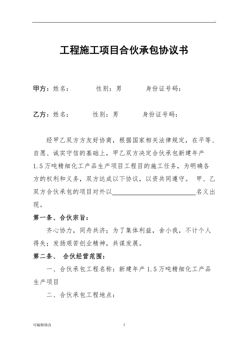 工程施工项目合伙承包协议书(修改).doc_第1页