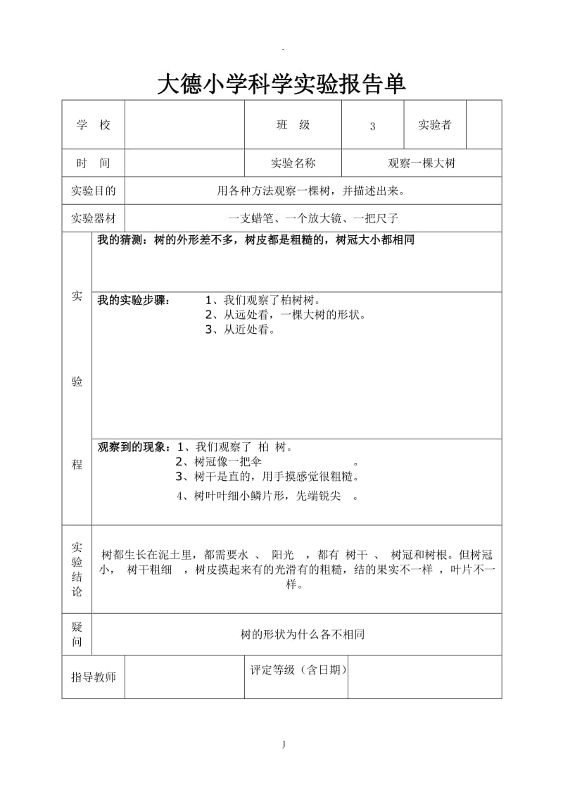 教科版三年级上册科学实验报告单.doc_第1页