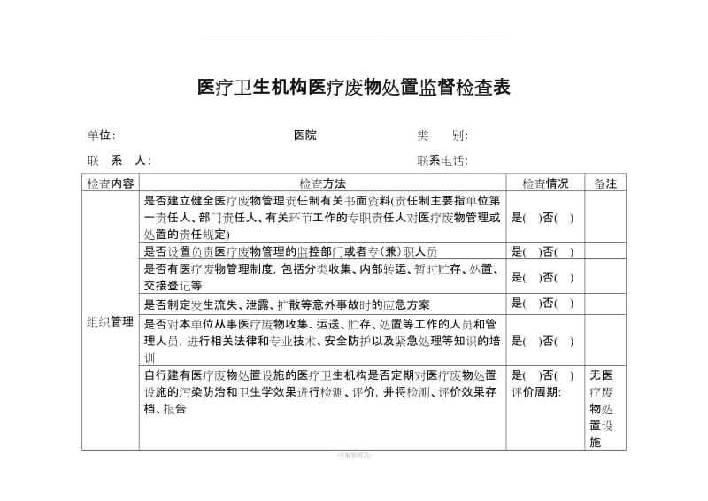 环保院内医疗废物污水处置监督检查表.doc_第1页