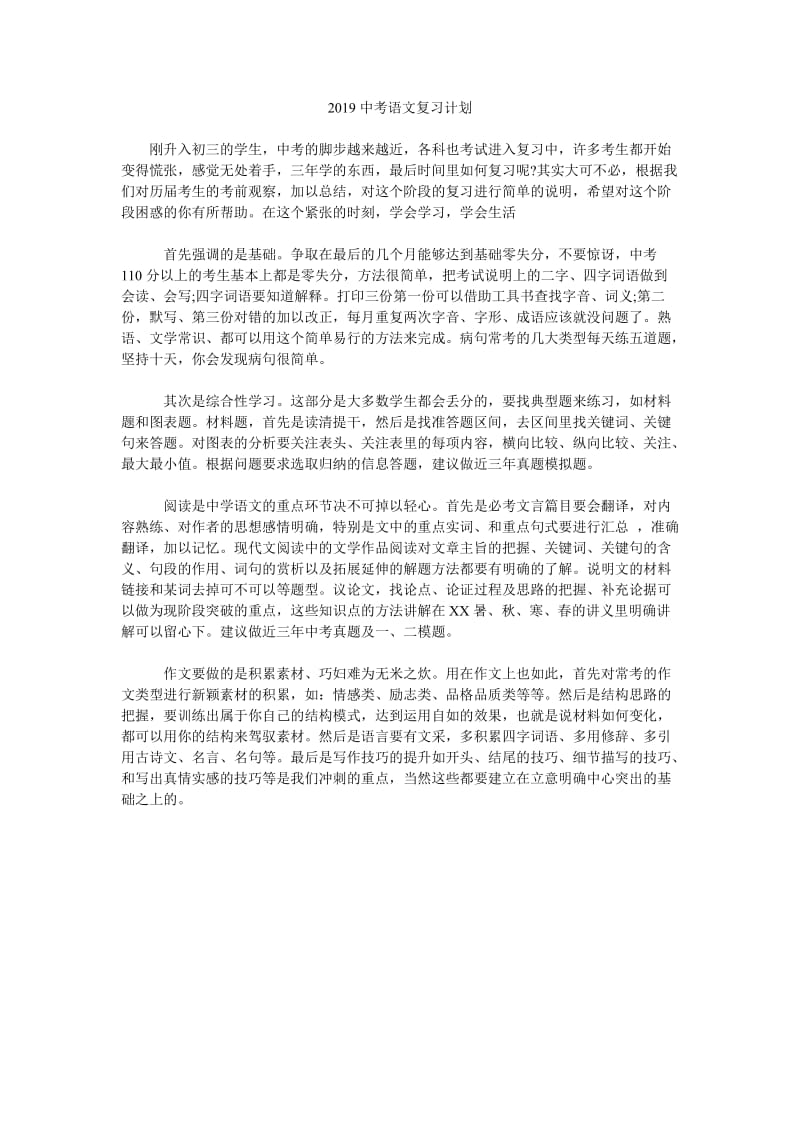 2019中考语文复习计划_第1页