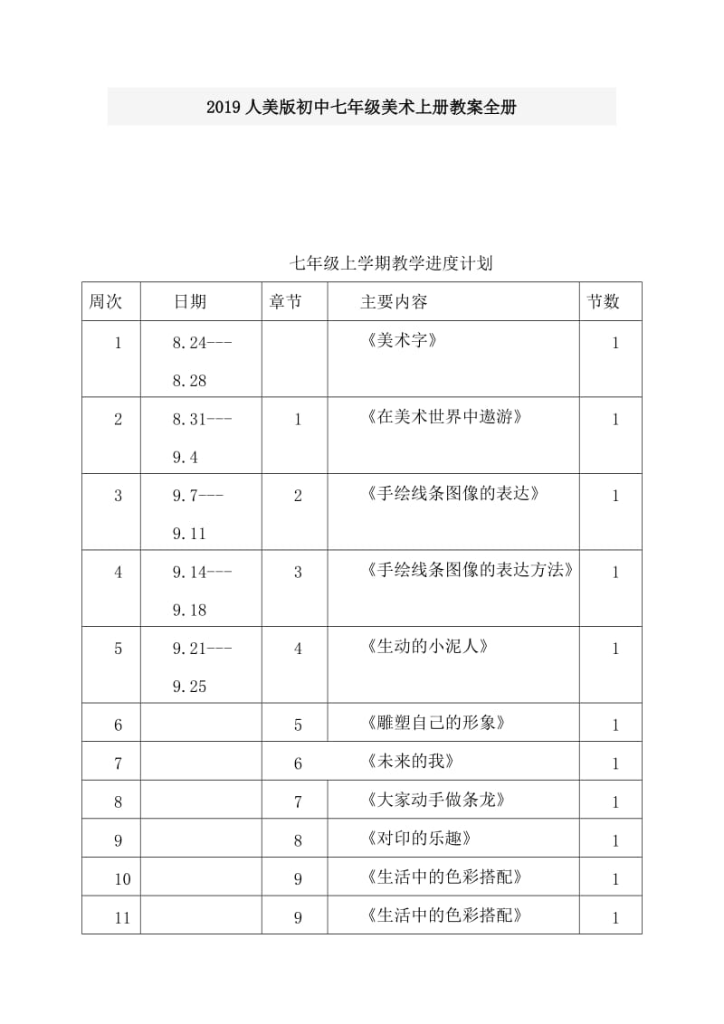 2019人美版初中七年级美术上册教案全册_第1页