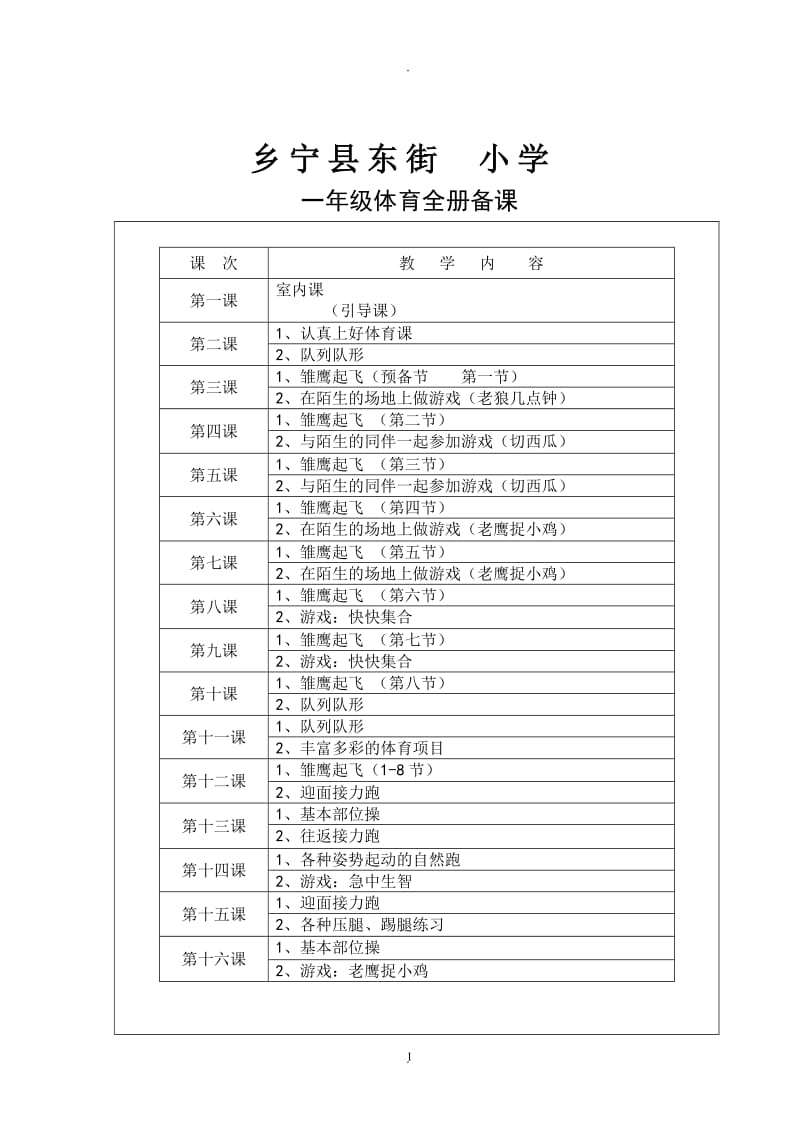 小学一年级体育上册教案表格式.doc_第1页