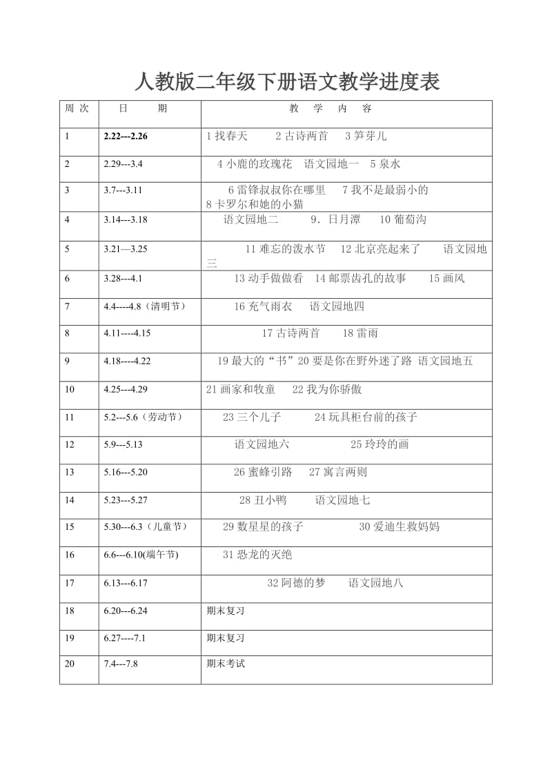 人教版二年级下册语文教学进度表.doc_第1页