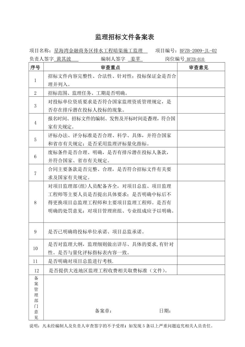 星海湾金融商务区排水工程暗渠施工监理招标文件备案表.doc_第1页