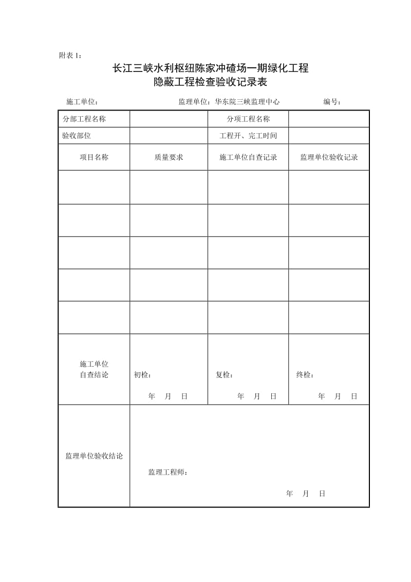 长江三峡水利枢纽陈家冲碴场一期绿化工程监理细则附表.doc_第1页