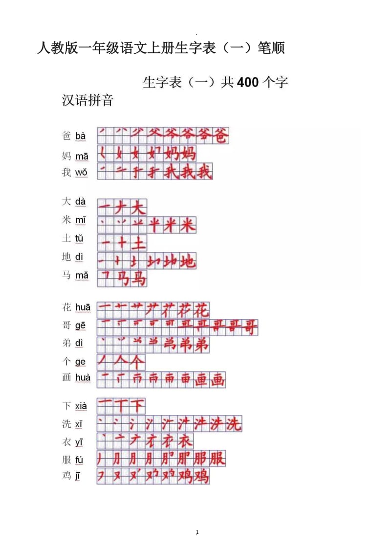 人教版一年级语文上册生字表一表二笔顺全.doc_第1页