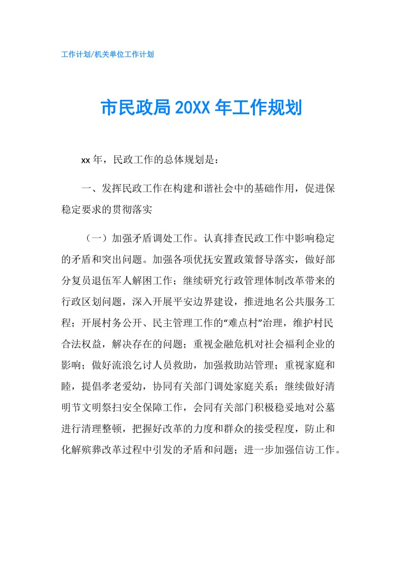 市民政局20XX年工作规划.doc_第1页