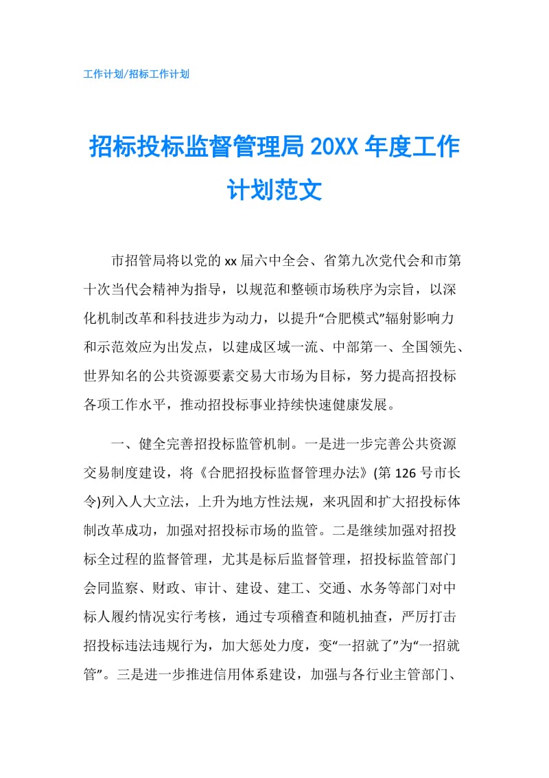 招标投标监督管理局20XX年度工作计划范文.doc_第1页