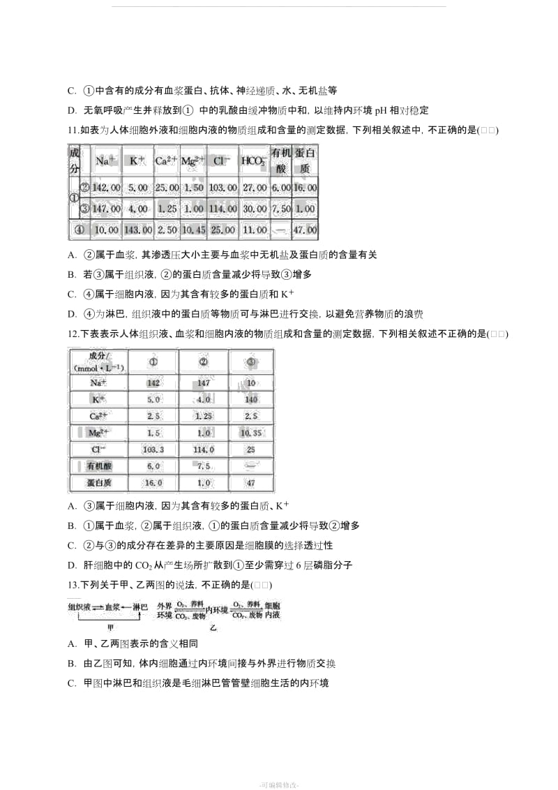 人教版高中生物必修三第1章《 人体的内环境与稳态》单元测试题(解析版).doc_第3页