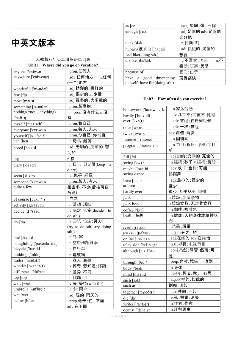 人教版八级上册英语单词表(中英文和中文版).doc_第1页