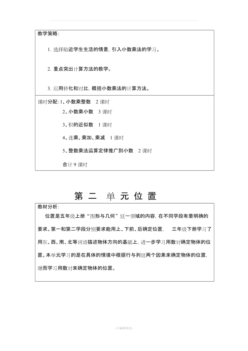 人教版五年级数学上册教学计划单元教学计划.doc_第2页