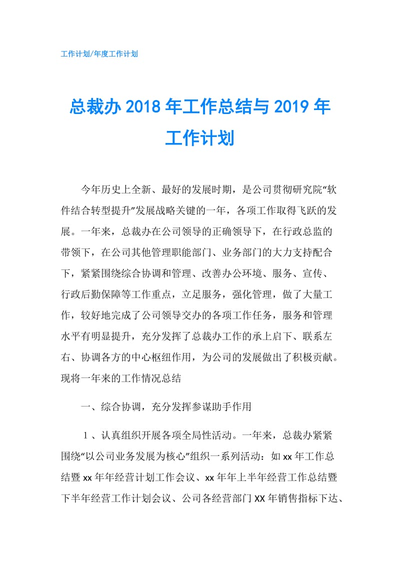 总裁办2018年工作总结与2019年工作计划.doc_第1页