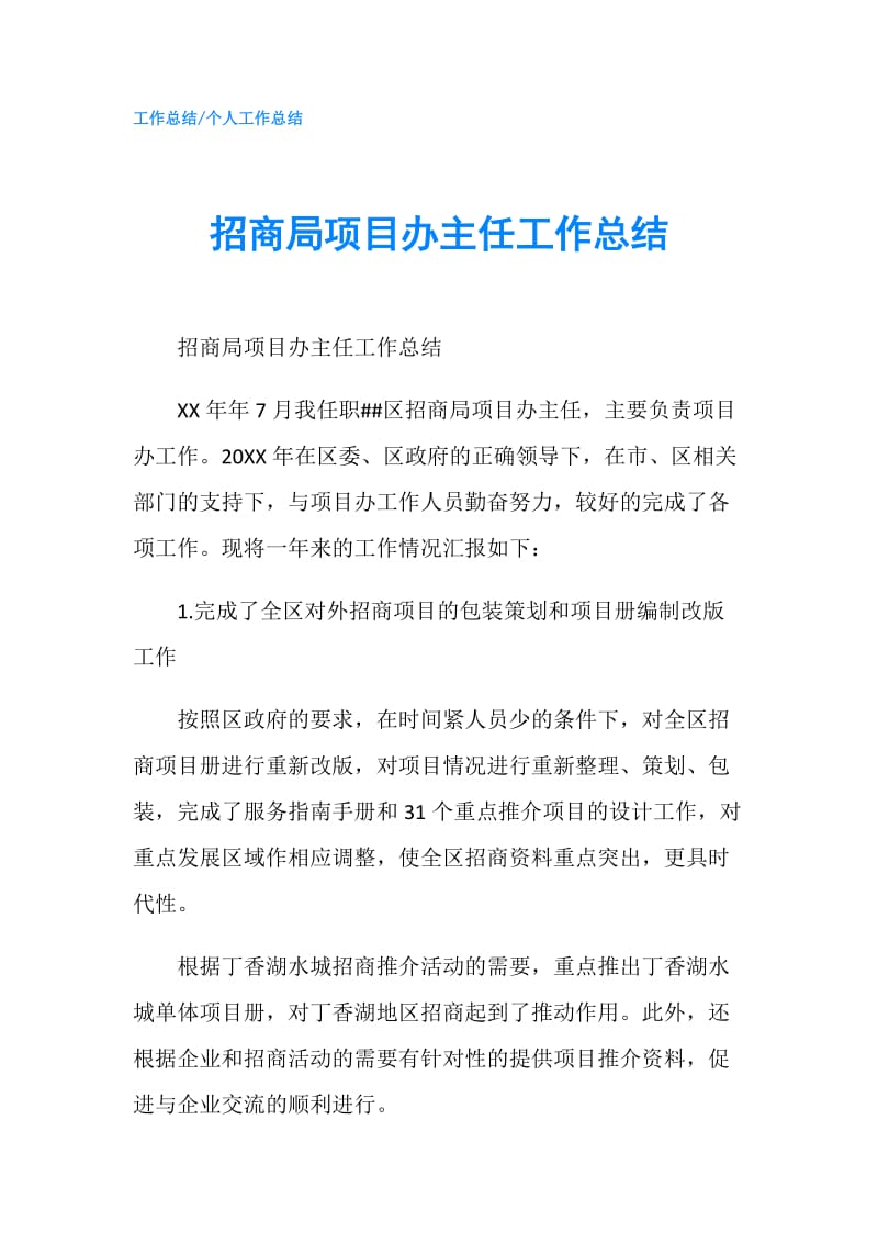 招商局项目办主任工作总结.doc_第1页