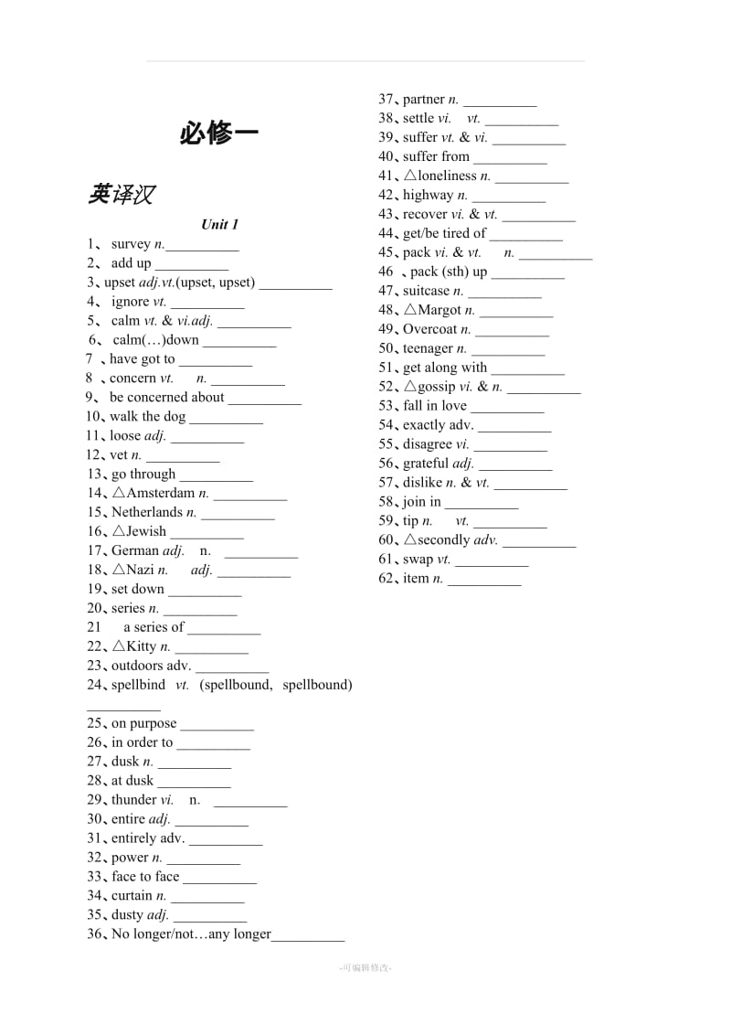 人教版高中英语必修1 单词默写(英译汉、汉译英).doc_第1页