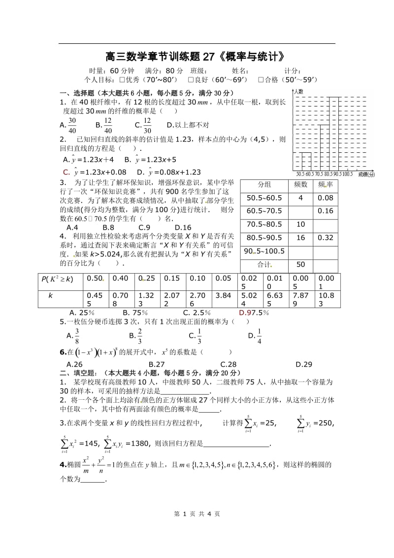 高中数学分章节训练试题：27概率与统计_第1页