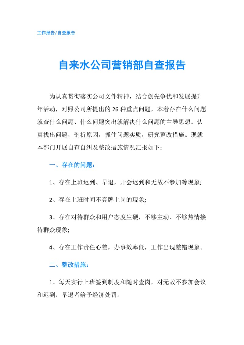 自来水公司营销部自查报告.doc_第1页