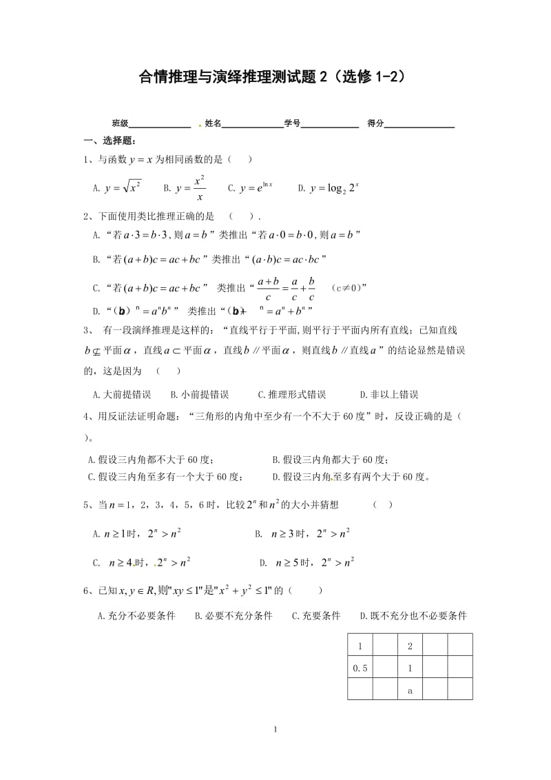 数学：2.1《合情推理与演绎推理》测试2（新人教A版选修1—2）_第1页