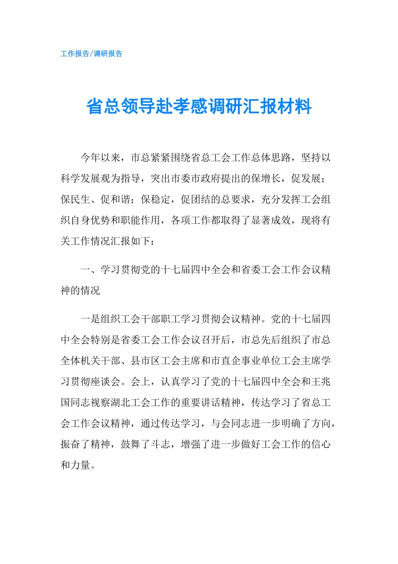 省总领导赴孝感调研汇报材料.doc_第1页