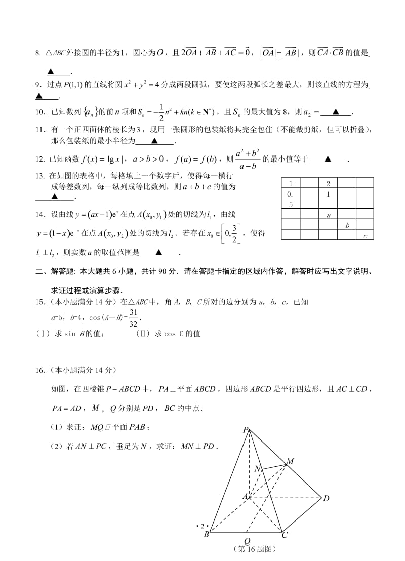 江苏省启东市吕四中学高三高考最后一卷数学试题_第2页