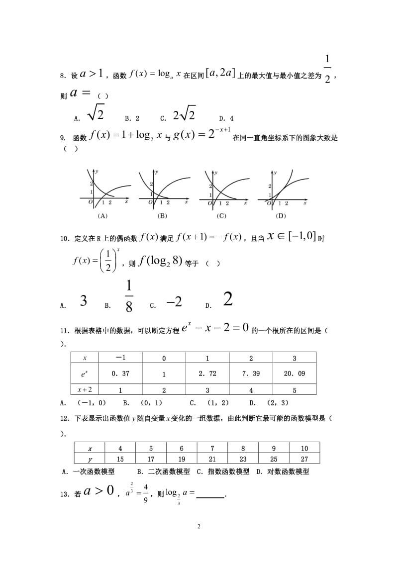 高一数学必修1综合测试题（1）_第2页