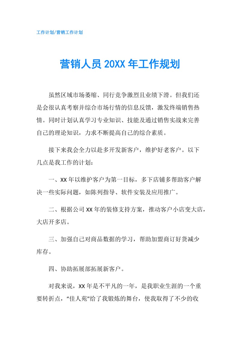 营销人员20XX年工作规划.doc_第1页