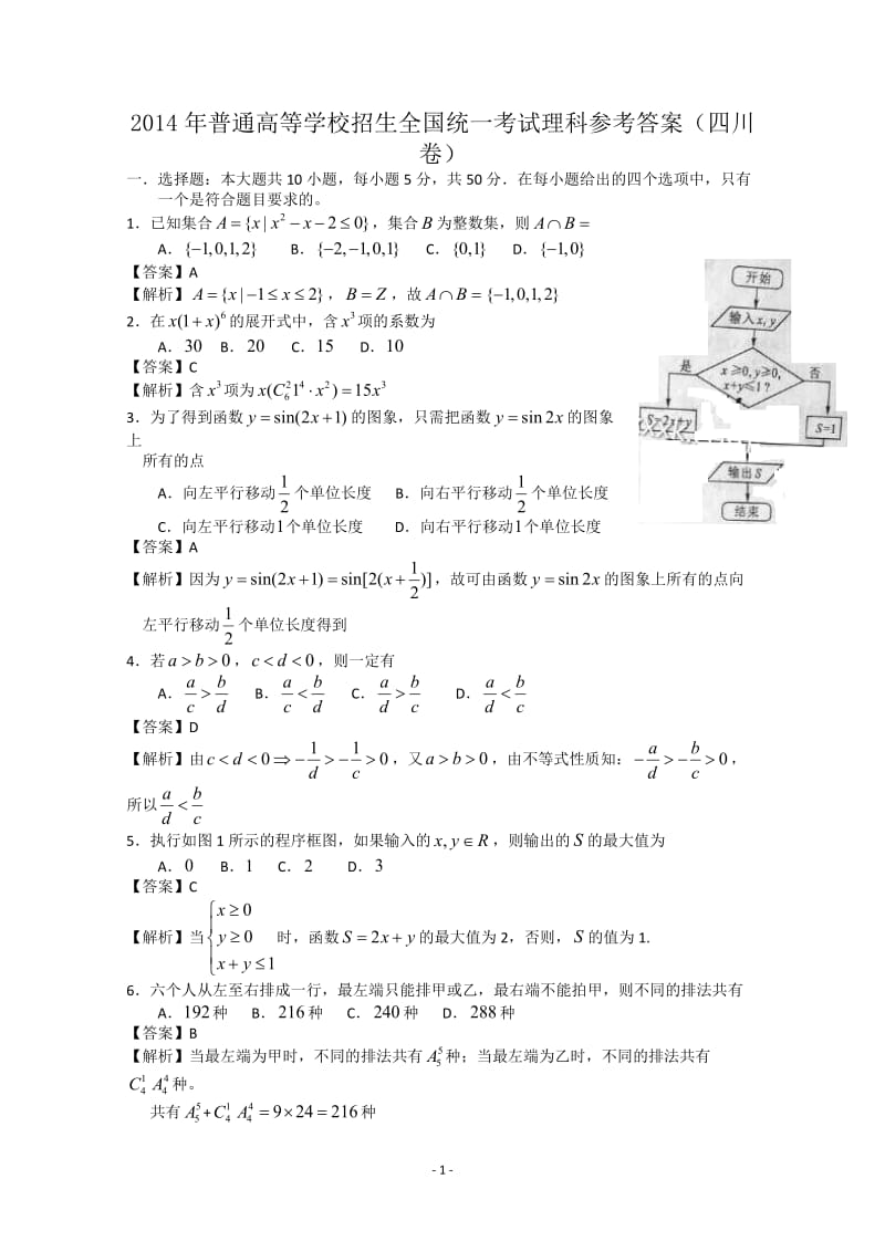 四川高考理科数学试题含答案（Word版）_第1页