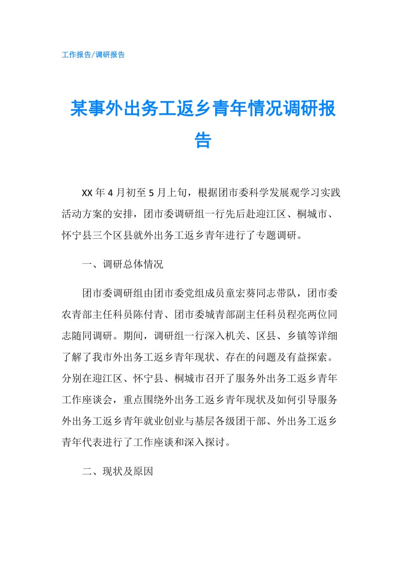 某事外出务工返乡青年情况调研报告.doc_第1页