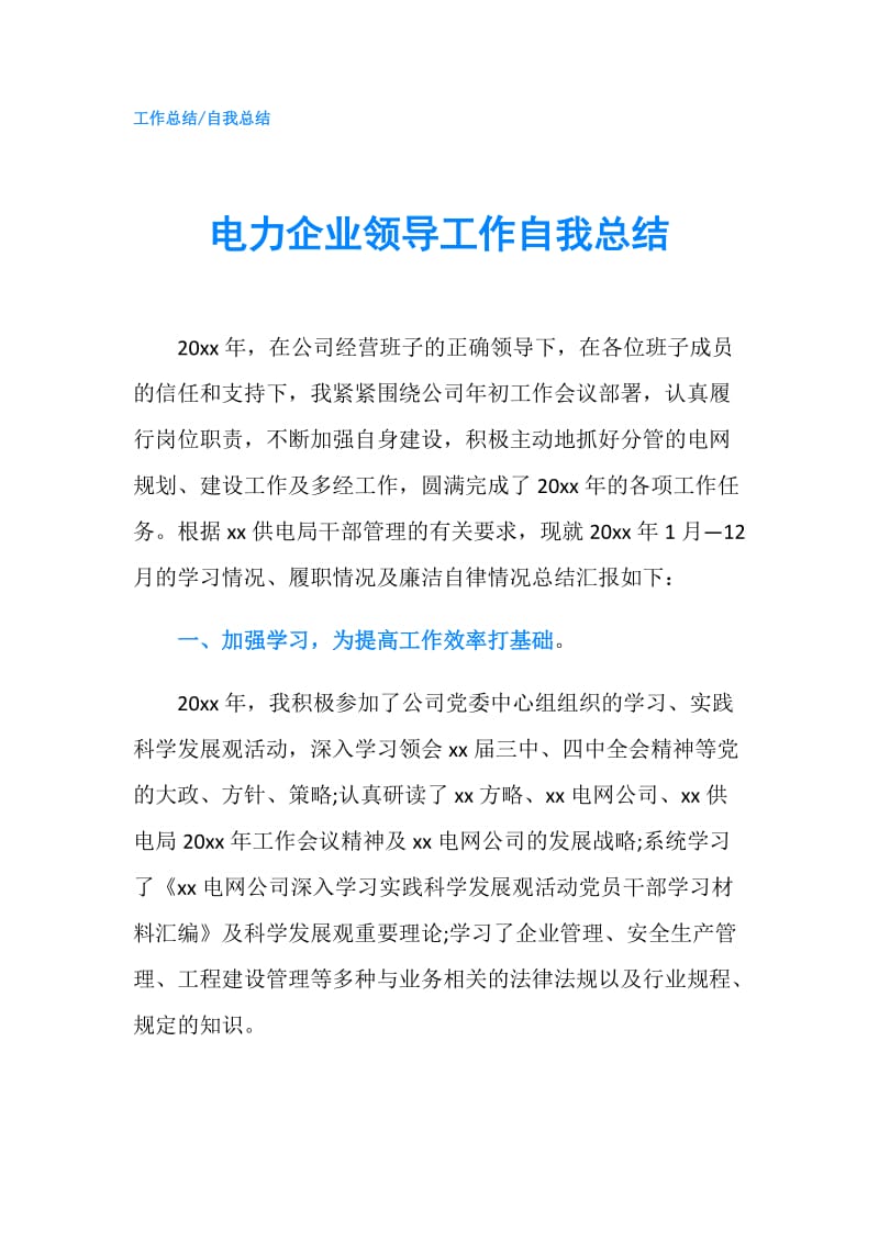 电力企业领导工作自我总结.doc_第1页