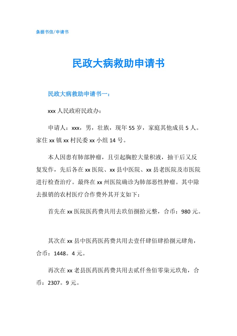 民政大病救助申请书.doc_第1页