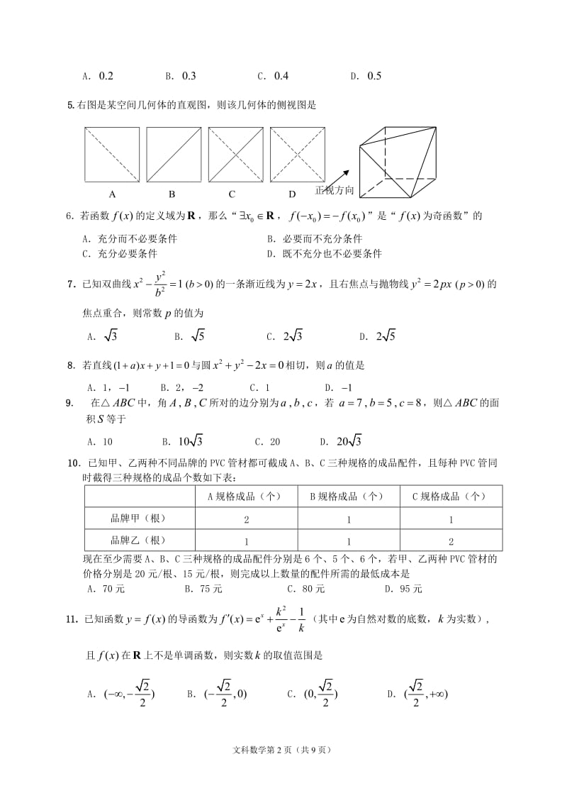 高考模拟考试理科数学 (14)_第2页