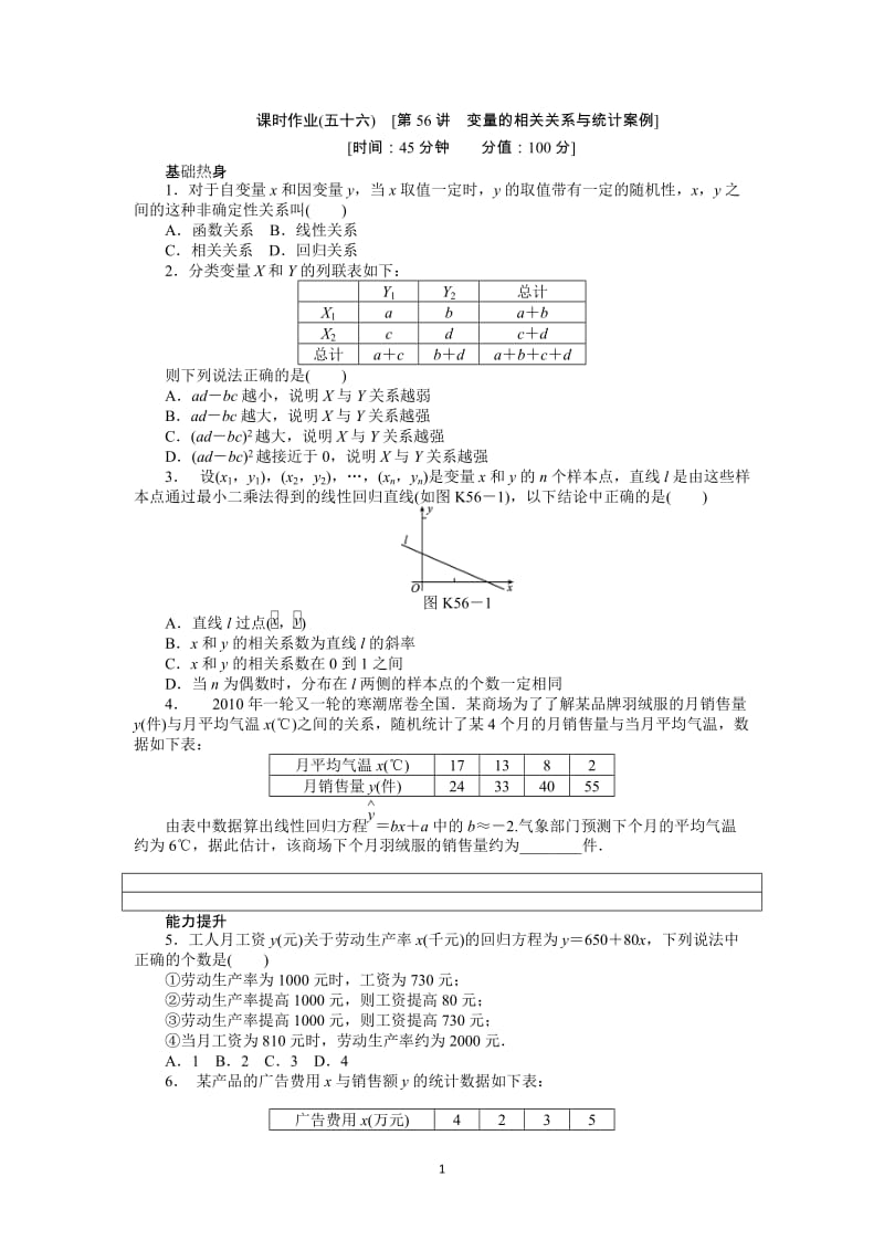 人教A版文科数学课时试题及解析（56）变量的相关关系与统计案例_第1页