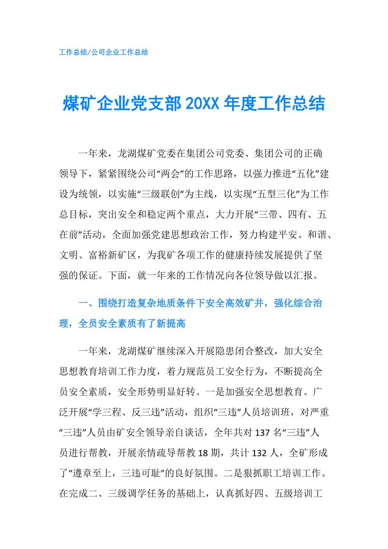 煤矿企业党支部20XX年度工作总结.doc_第1页