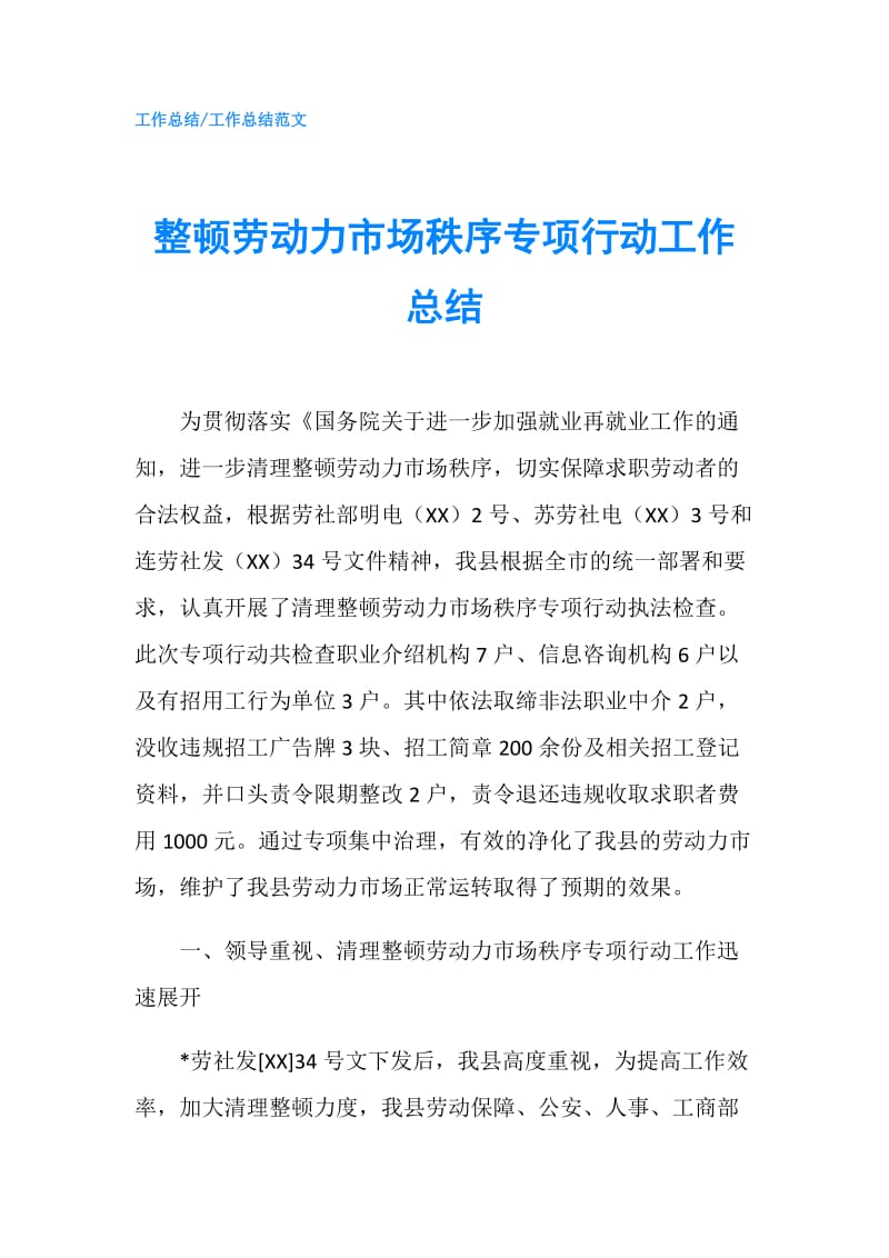 整顿劳动力市场秩序专项行动工作总结.doc_第1页