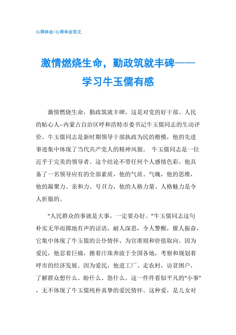 激情燃烧生命勤政筑就丰碑——学习牛玉儒有感.doc_第1页